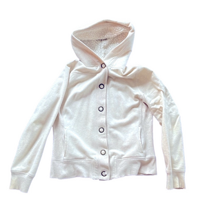 So cream button down hooded sweat shirt